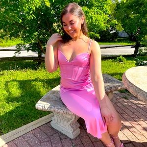 Pink Satin Corset Top and Skirt